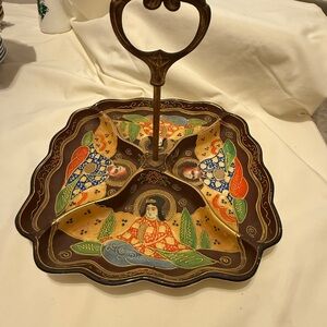 Vintage Japanese Kutani-Style Divided Relish Dish with Metal Handle